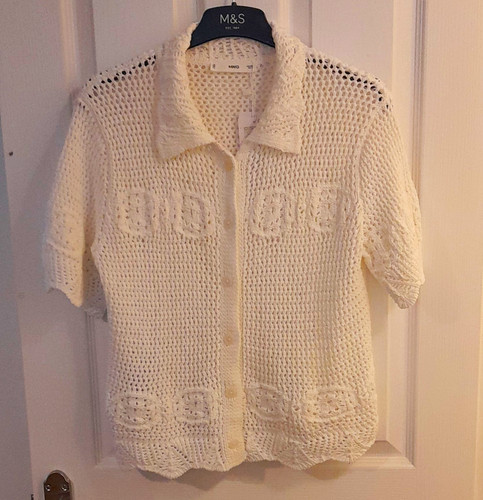 Mng white open knit collared - white, open-knit