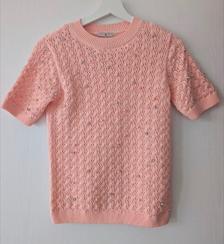 Pink open knit beaded crew - tu,